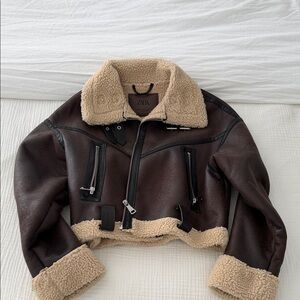 Zara Dark Brown Teddy Jacket with Cream Accents (no belt)